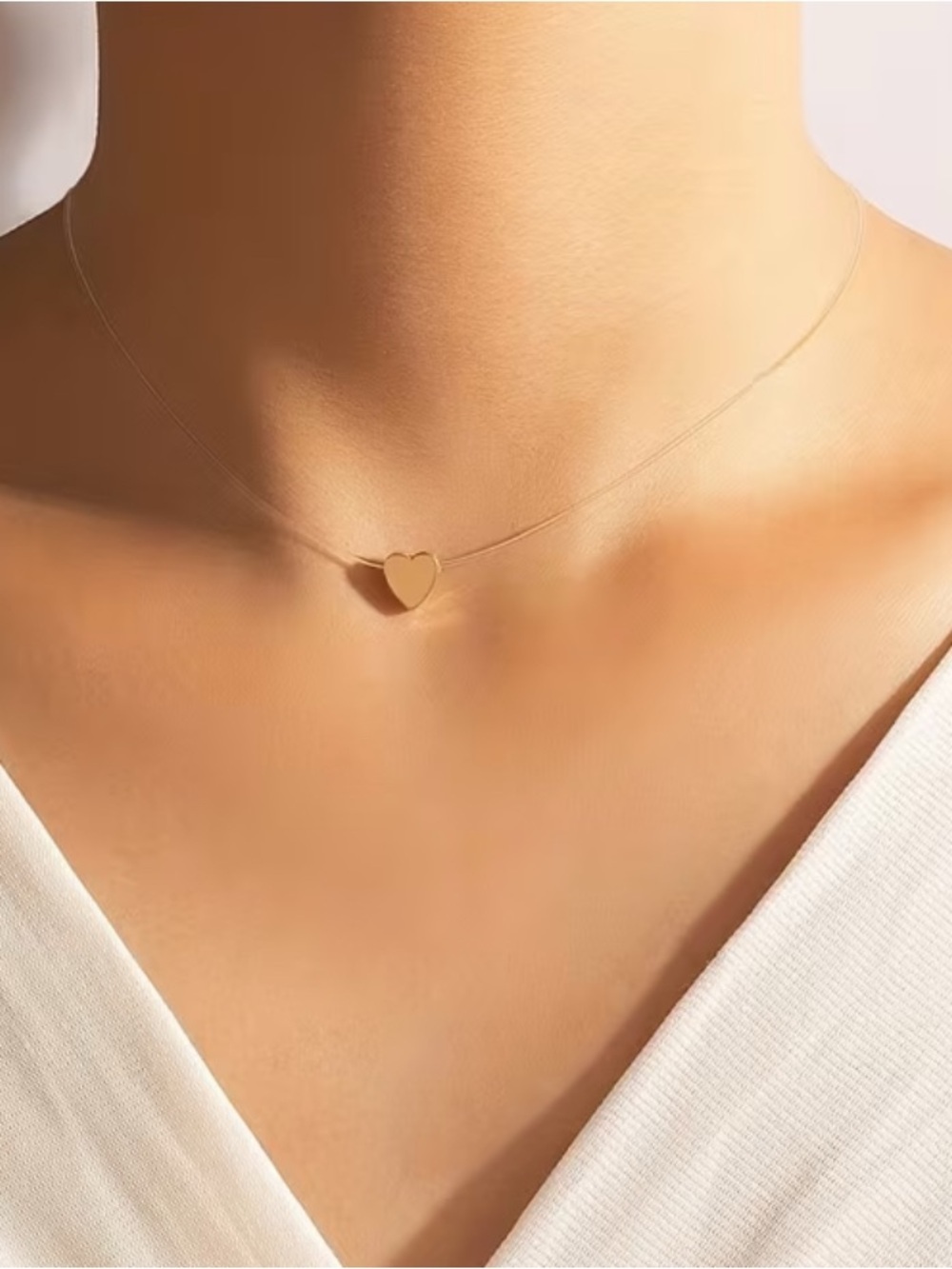 Trendy Gold Heart Choker Necklace - Minimalist Transparent Fishing Line
